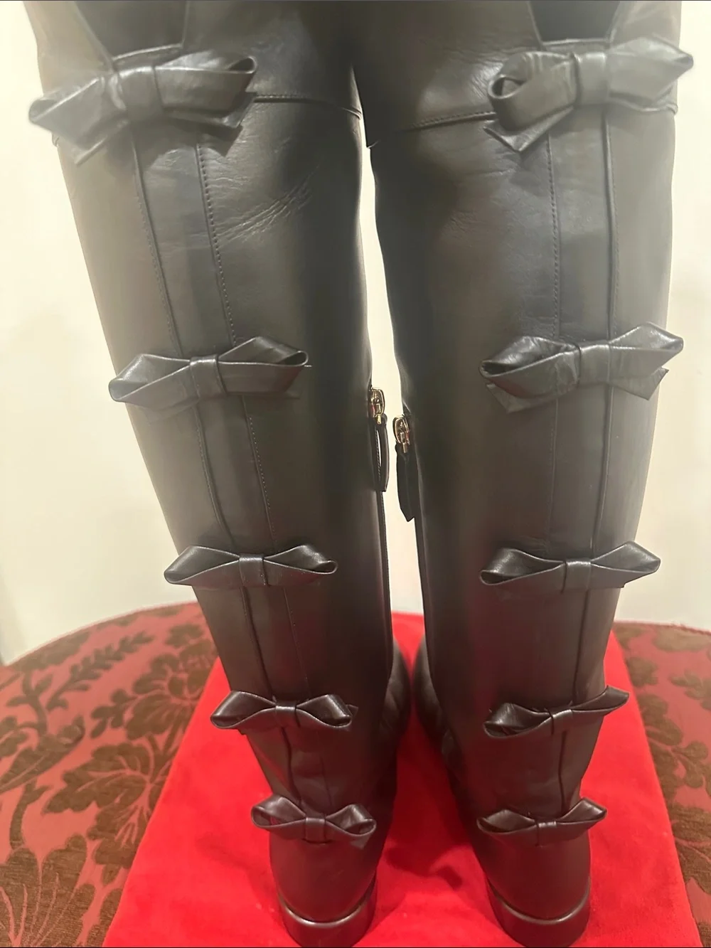 Valentino Black Leather Over-the-Knee Boots with Rear Bow Details